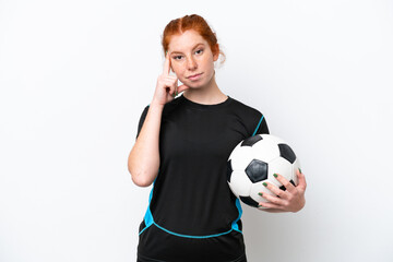 Young caucasian reddish football player woman isolated on white background thinking an idea