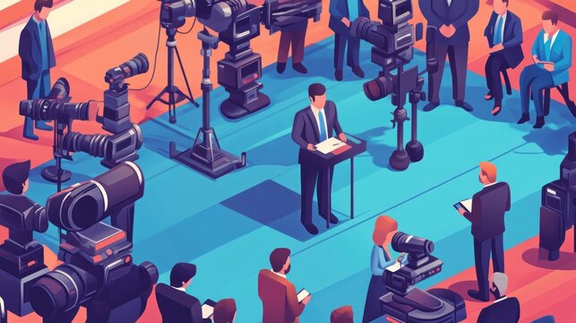 Press conference with a speaker addressing journalists and media.