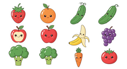 Cute Kawaii Fruit and Vegetable Cartoon Icons