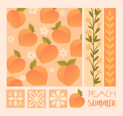 Summer. Peaches. Vector illustration of flowers, pattern, Italian pink ceramics and tiles, peaches for invitation, poster, background, postage stamp or card 
