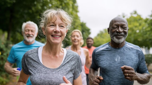 Healthy group of mature people jogging on track at park. Happy senior couple running at park with african friends. Multiethnic middle aged friends exercising together outdoor., no logos, no brands