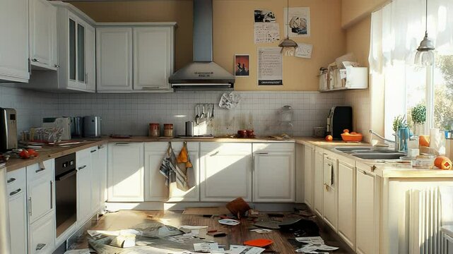 Messy kitchen with scattered papers and objects illustrating neglect and abandonment