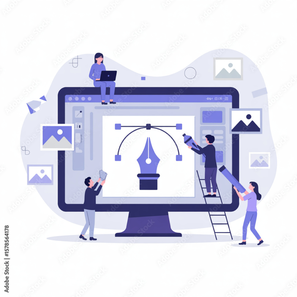 Fototapete vector illustration depicting a team of designers collaborating on a creative project using a large 