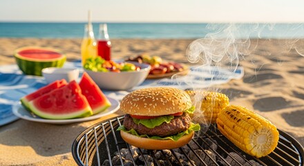 Grilled Burger with Corn and Watermelon at Sandy Beach Picnic