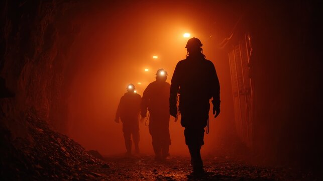 Silhouette of Group of mining labour workers walks through dark underground tunnel coal mine with glowing head lamps