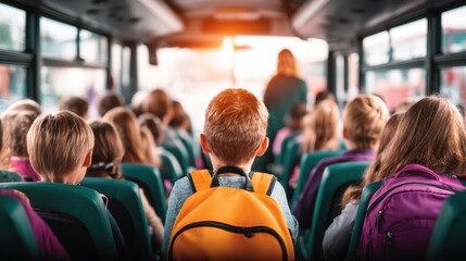 School Bus Commute: Young students, packed into a school bus, embark on their daily journey. Capturing the energy and anticipation of the commute, revealing the vibrant life inside. 