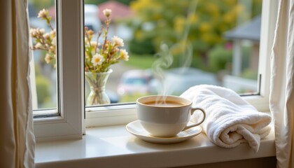 a clean, realistically rolled white towel beside a steaming cup of tea on a windowsill, morning light, cozy home atmosphere, fresh start, hygge aesthetic.