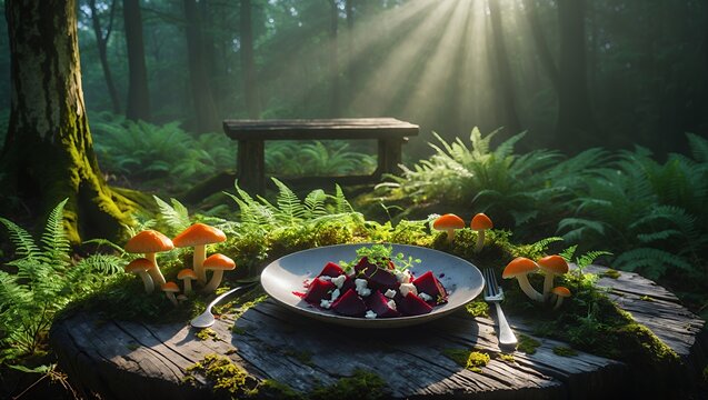 Beet Salad with Feta Cheese in Forest Setting with Mushrooms