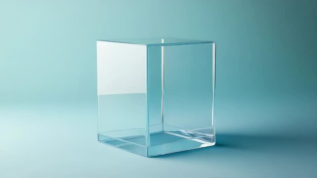 Empty glass cube display case on turquoise background