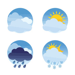 Four weather icons depict sunny, cloudy, rainy, and snowy weather conditions, ideal for weather apps, websites, or presentations needing simple and visually appealing meteorological symbols.
