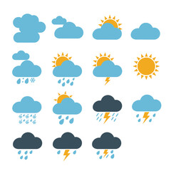 Obraz premium A set of weather icons presents a variety of conditions, from sunny skies and scattered clouds to rain, snow, and thunderstorms, all in a clean, vector style.