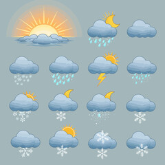 Obraz premium A comprehensive set of cartoon weather icons illustrating various atmospheric conditions like sun, clouds, rain, snow, and storms.