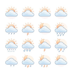 Set of sixteen weather icons depicting various combinations of sun, clouds, rain, and lightning, ideal for weather apps and websites, offering a modern and minimalist design aesthetic.
