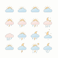 Obraz premium A collection of colorful weather icons displaying various conditions, including sunny, cloudy, rainy, and stormy, perfect for weather forecasts and design projects.