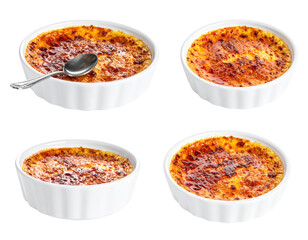 Compilation of Caramelized Creme Brulee Desserts in White Bowls against a Transparent Background with a Spoon Offering a Culinary Delight
