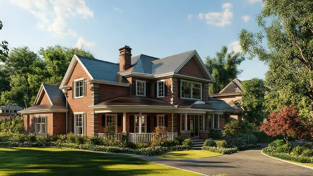 Beautiful brick house with landscaped garden shining in sunlight