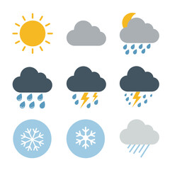 Fototapeta premium A comprehensive collection of flat design weather icons depicting various atmospheric conditions like sun, clouds, rain, snow, and thunderstorms.