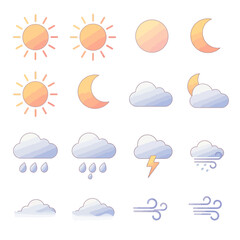 Fototapeta premium Collection of colorful weather icons featuring sun, moon, clouds, rain, lightning, and wind symbols for forecasting and meteorology.