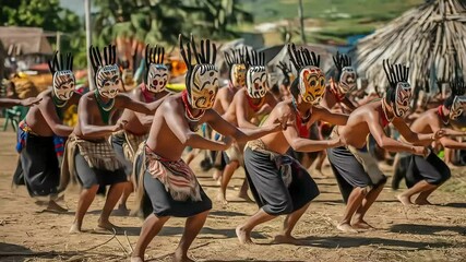 A group of masked individuals in traditional attire perform a synchronized outdoor dance, showcasing their rich cultural heritage and tribal customs