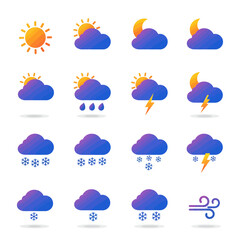 Obraz premium A set of flat vector icons representing various weather conditions, including sun, clouds, rain, snow, lightning, and wind, presented on a clean white background.