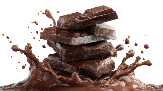 A stack of chocolate bars on top of a chocolate splash