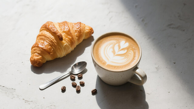 Minimalist flat lay of a fresh croissant and a latte with beautiful foam art on a light-textured stone background.