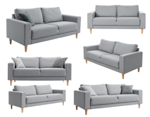 Multiple Gray Sofas Displayed Against A Transparent Background Featuring A Variety Of Angles Showcasing Design And Detail Ideal For Home Decor And Interior Design Projects