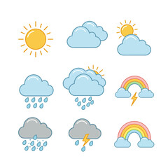 Fototapeta premium A set of colorful weather icons depicting various conditions, including sunny, cloudy, rainy, thunderstorms, and rainbows, perfect for educational materials and weather-related designs.