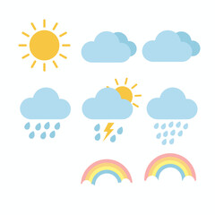 Obraz premium A cheerful vector illustration features a bright yellow sun, fluffy blue clouds, a gentle rain shower, a vibrant rainbow, and a lightning bolt, conveying weather concepts.