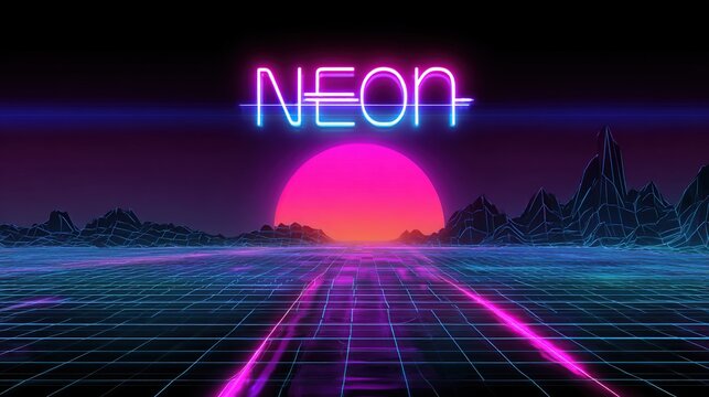 Vaporwave sunset with grid, mountains, and neon lettering in a 1980s aesthetic