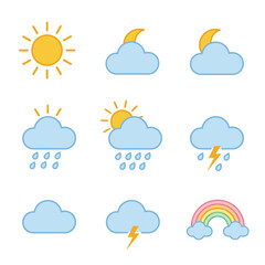 Fototapeta premium Collection of cute flat weather icons representing sunshine, clouds, rain, lightning, and a rainbow against a white background.