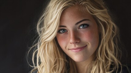 Fototapeta premium Portrait of a beautiful young woman with blonde hair and a warm smile.