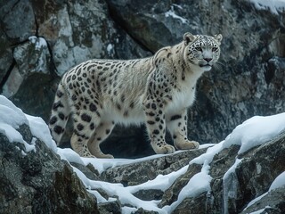 Fototapeta premium Snow leopard in winter habitat stands majestically on rocky terrain covered in snow, highlighting its beautiful fur