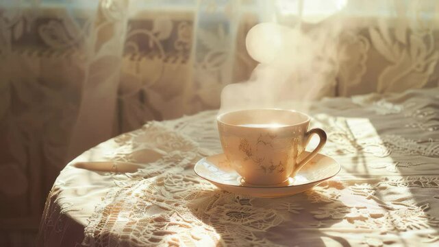A tea or coffee cup placed on a lace doily on a dining table, bathed in warm sunlight.