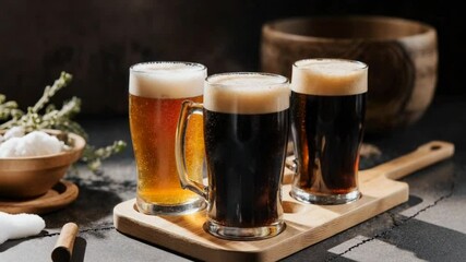 Enjoy a diverse selection of craft beers served in a tasting flight, showcasing rich colors and flavors during a lively gathering.
