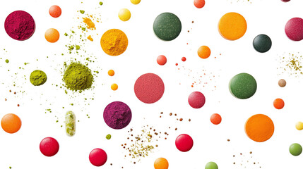 • A vibrant flat-lay of superfood powders and supplements, isolated on white background in HD 