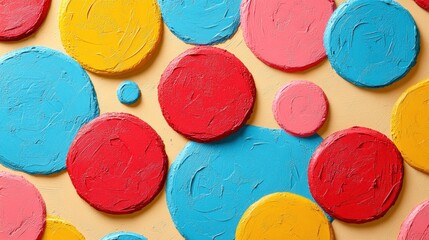 Abstract colorful circles, textured paint, various sizes and colors on a light beige background.