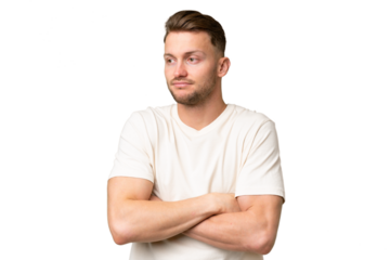 Young blonde caucasian man over isolated background making doubts gesture while lifting the shoulders