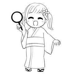Smiling Yukata Girl with Goldfish Scoop – Line Art (PNG)