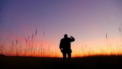 Silhouette Wanderer at Sunset Meadow - Freedom & Reflection