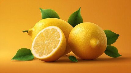 Vibrant citrus image featuring whole lemons and a halved lemon against a warm orange backdrop.