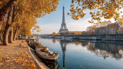 Seine in Paris with Eiffel tower in autumn time, no logos, no brands