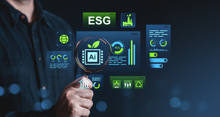 ESG and AI integration concept showing data visualization and sustainability icons on digital interface with businessperson holding magnifying glass..