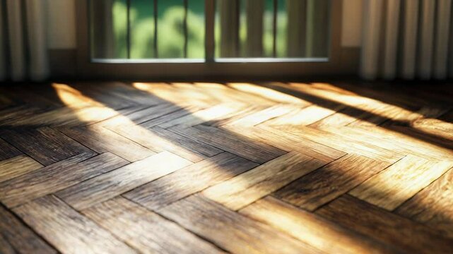 Sunlight illuminating herringbone parquet wooden floor in empty room