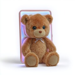 A cute, fluffy teddy bear with a bow tie sits in front of a glowing smartphone with a pastel-colored screen, AI computer devices on a plain background