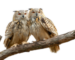 Pair of majestic owls perched closely on tree branch, displaying striking brown and cream feathers, intense orange eyes, and calm, affectionate expression isolated on transparency background