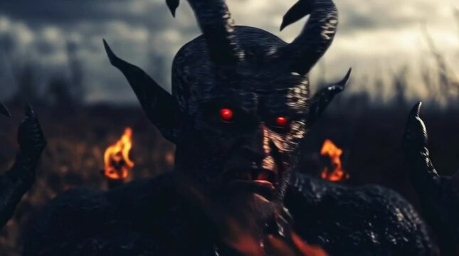 Scary, angry and ugly demonic creature with red eyes and big claws spits fire and outstretches the arms in front of a hell flame. Inferno