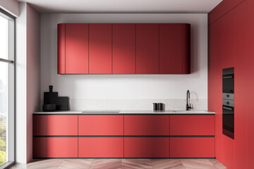 Modern red minimalist kitchen interior with sleek cabinets and built-in appliances in a...