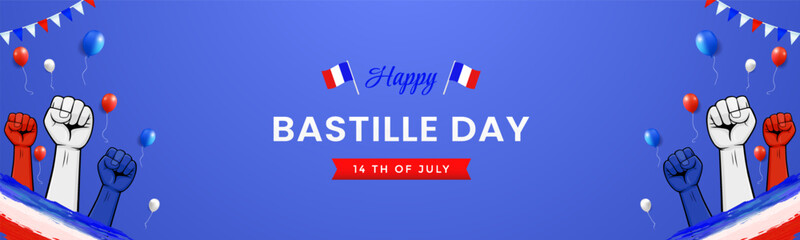 Celebration Poster for Bastille Day with Flags, Balloons, and Raising Fists