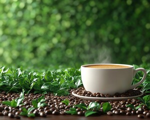 Steaming coffee cup sits amongst beans and lush green leaves, outdoors. Great for coffee shops, cafes, & promoting organic/fair trade brands.
